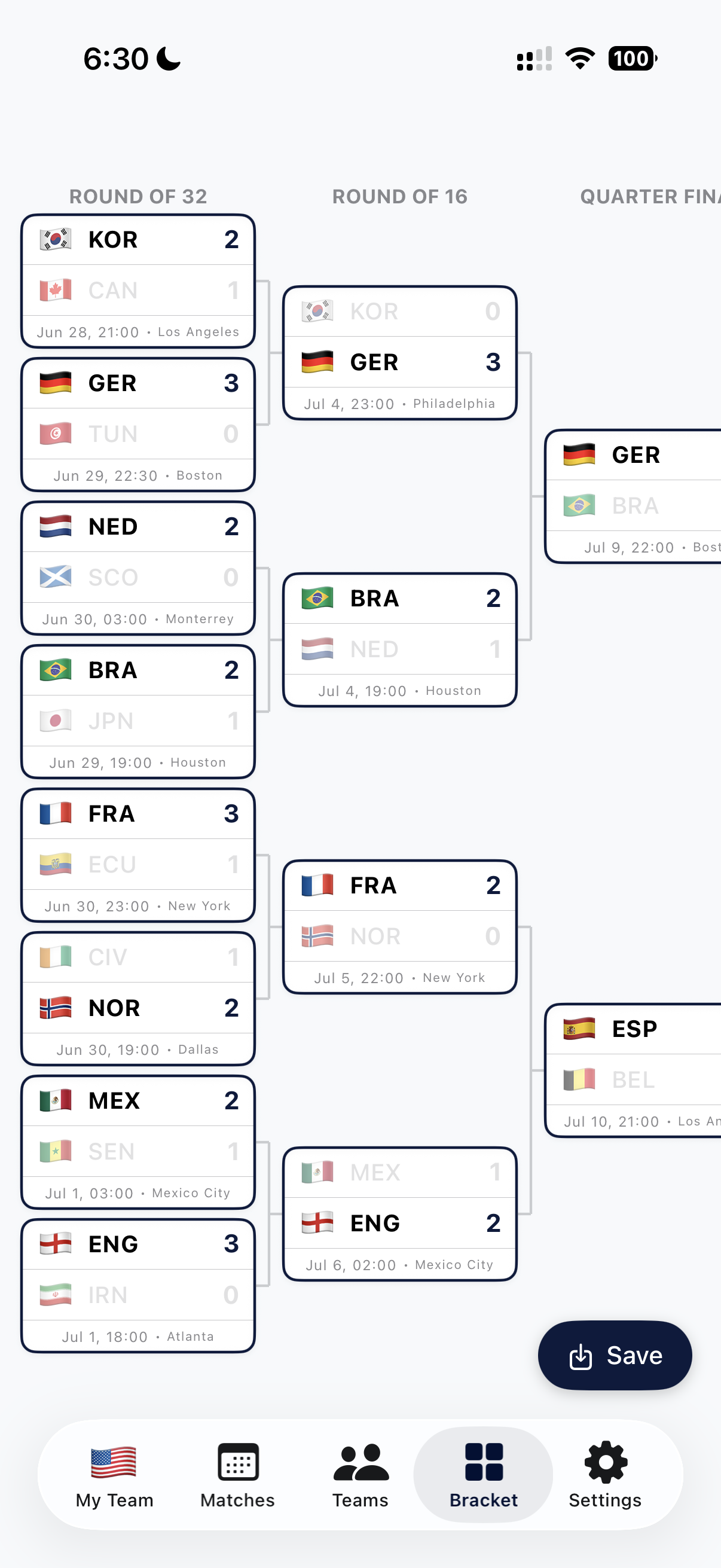 Knockout Bracket - Interactive World Cup bracket view