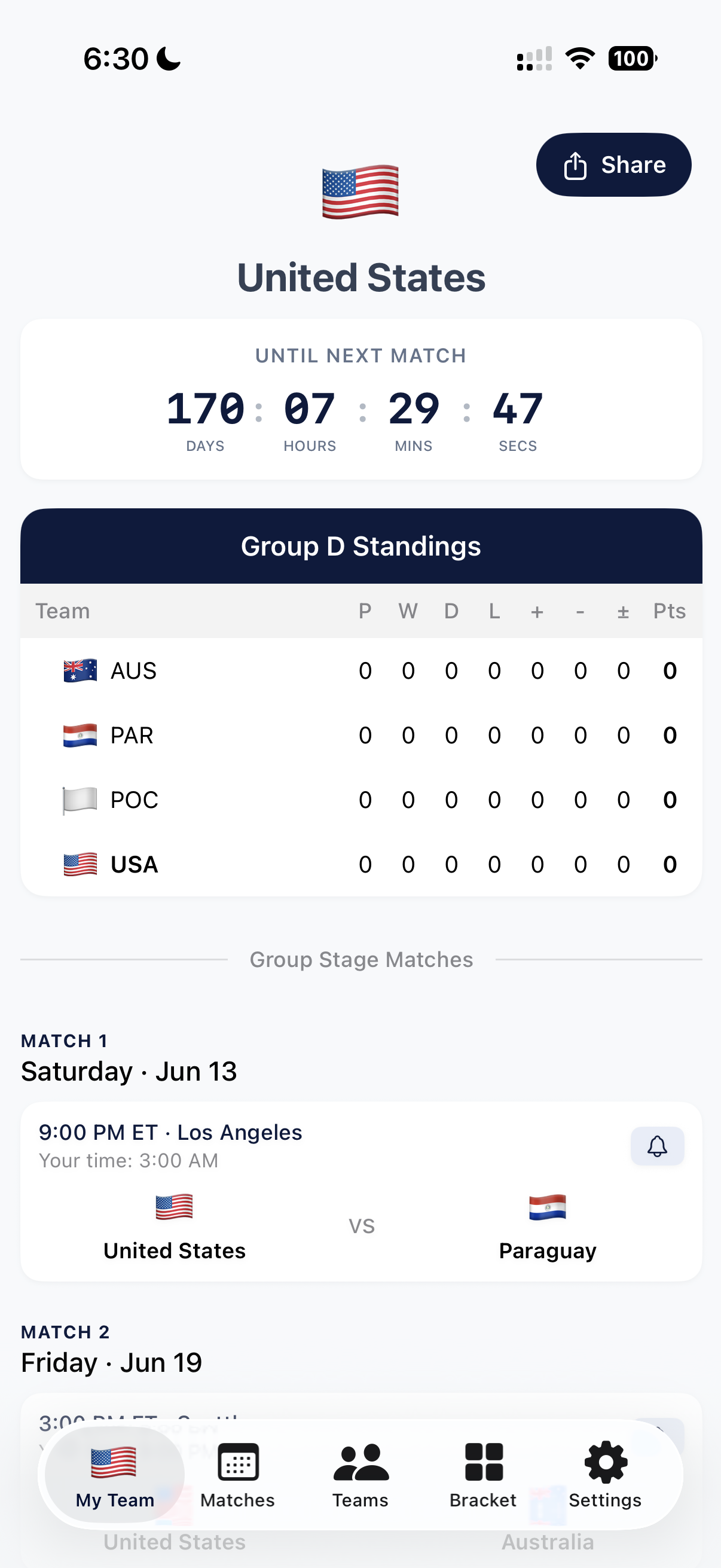 Soccer 2026 Home Screen - Track your favorite team