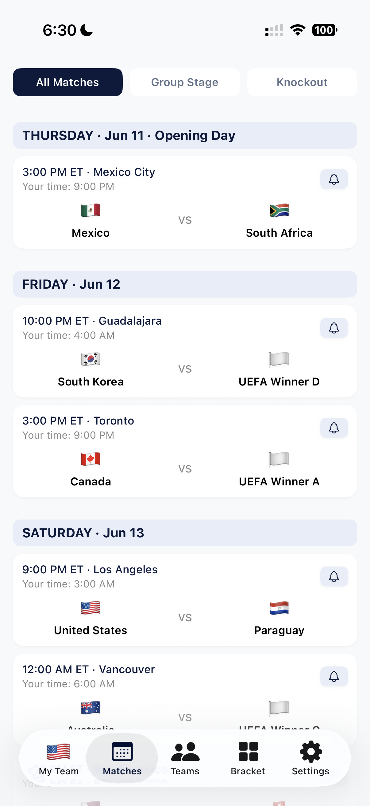 Soccer 2026 Matches Screen - Full match schedule